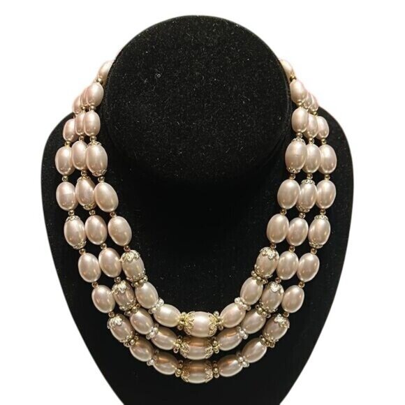 Vintage Napier Triple Strand Faux Pearl Necklace Gold-Tone Accents